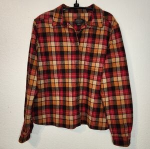 Pendleton Women's Lodge Shirt Virgin Wool Button Up, Red, Brown, & Tan, Size L